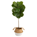 4’ Fiddle Leaf Tree in Boho Chic Handmade Cotton & Jute White Woven Planter UV Resistant