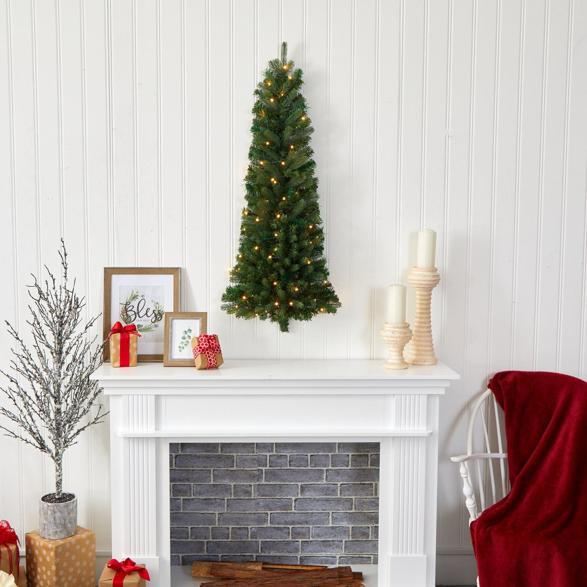 4' Flat Back Wall Hanging Artificial Christmas Tree with 50 Clear LED Lights, photo 4 of 5