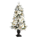 4’ Flocked Artificial Christmas Tree with 223 Bendable Branches and 100 Warm Lights in Decorative Urn