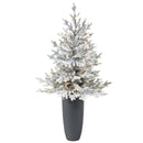 4’ Flocked Fraser Fir Artificial Christmas Tree with 200 Warm White Lights and 481 Bendable Branches in Gray Planter