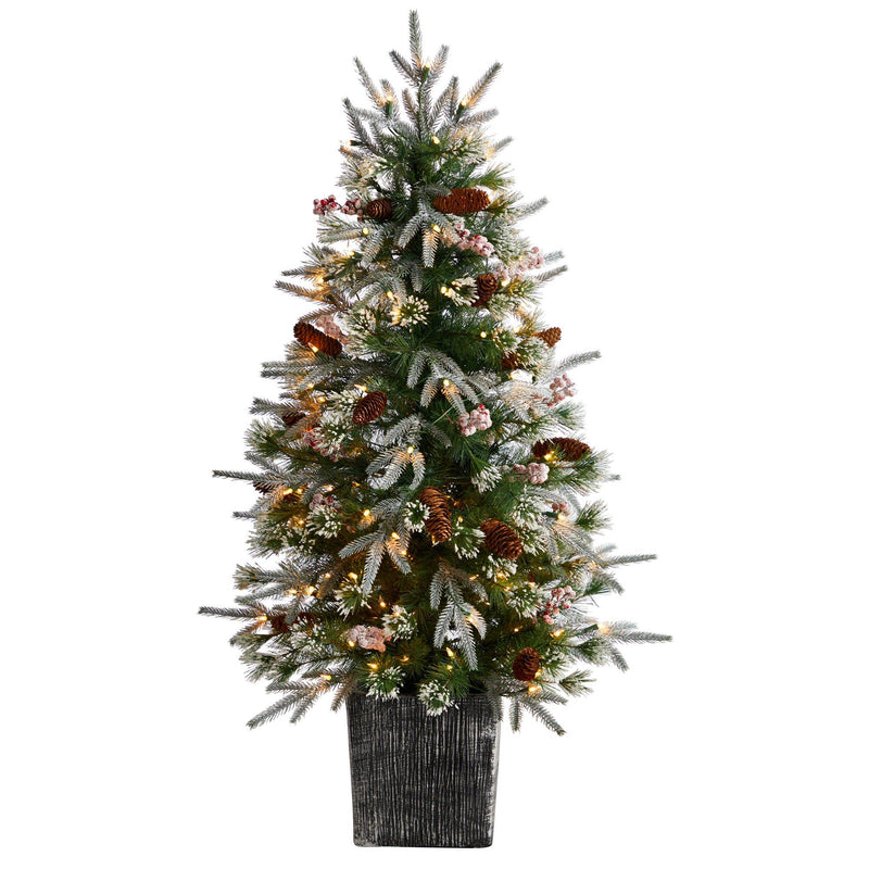 4' Frosted Artificial Christmas Tree Pre-Lit with 105 lights  in Decorative Planter