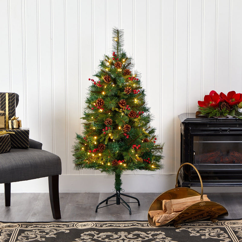 4’ Mixed Pine Artificial Christmas Tree with 100 Clear LED Lights, Pine Cones and Berries, photo 7 of 7