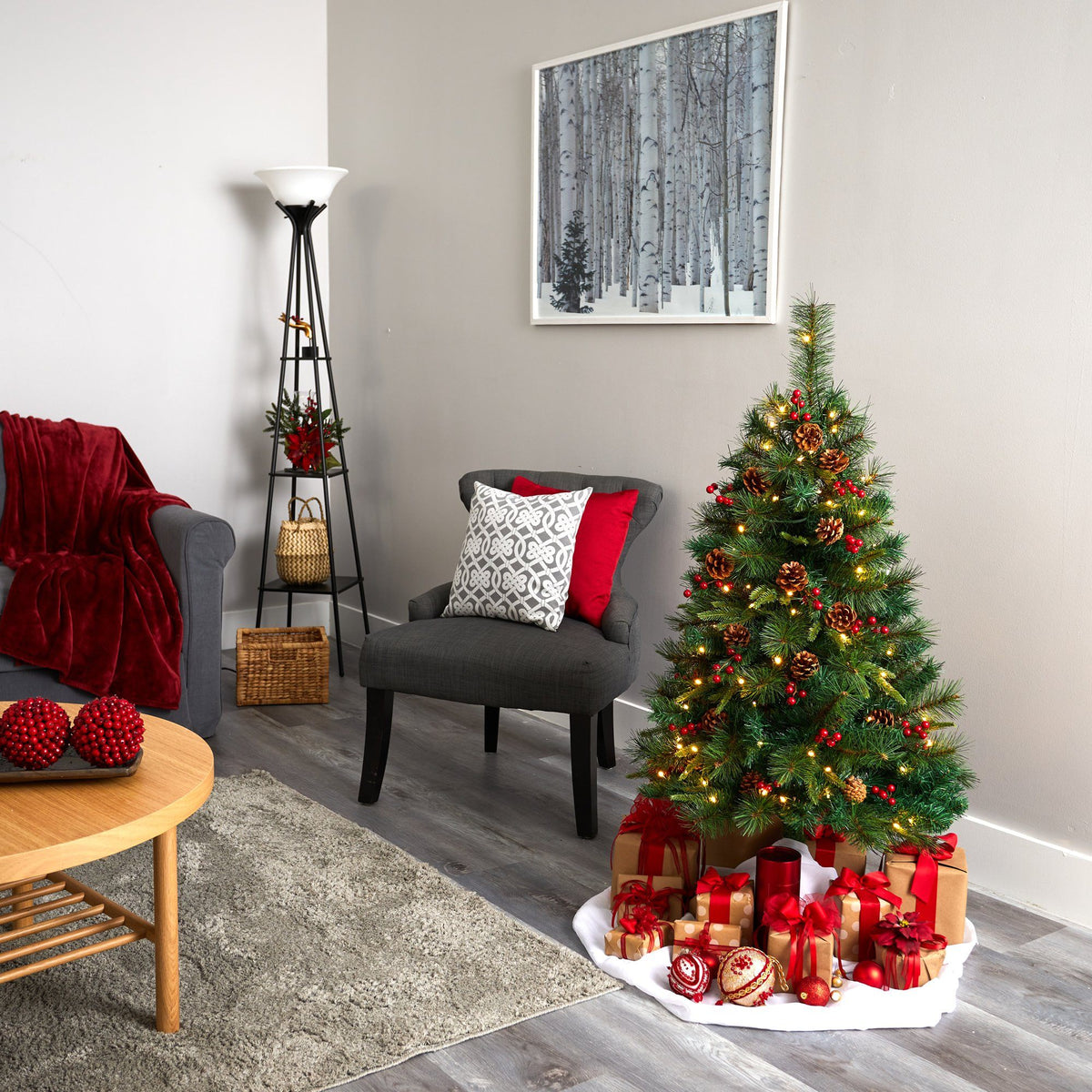 4’ Mixed Pine Artificial Christmas Tree with 100 Clear LED Lights, Pine Cones and Berries, photo 5 of 7