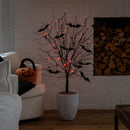 4' Pre-Lit Artificial Halloween Black Twig Tree with Bats and 50 Orange LED Lights