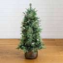 4' Pre-Lit Artificial Mixed Pine Snowed Christmas Tree with Pinecones in Decorative Planter with 60 Warm White LED Lights