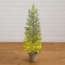 4’ Pre-Lit Artificial Snowed Cypress Christmas Tree with 120 LED Lights in Hyacinth Basket