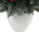 4’ Snowed French Alps Mountain Pine Artificial Christmas Tree with 237 Bendable Branches and Pine Cones in White Planter