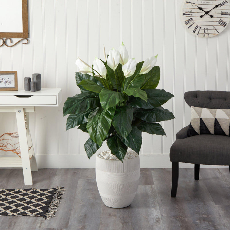 4’ Spathiphyllum Artificial Plant in White Designer Planter, photo 3 of 4