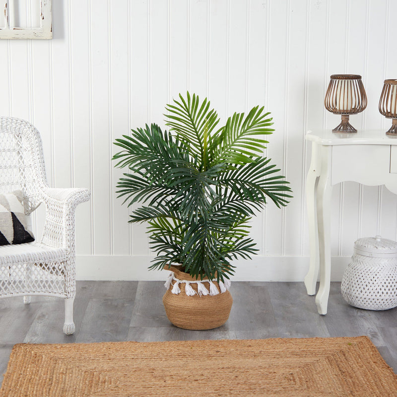 40” Areca Palm Tree in Boho Chic Handmade Natural Cotton Woven Planter with Tassels UV Resistant