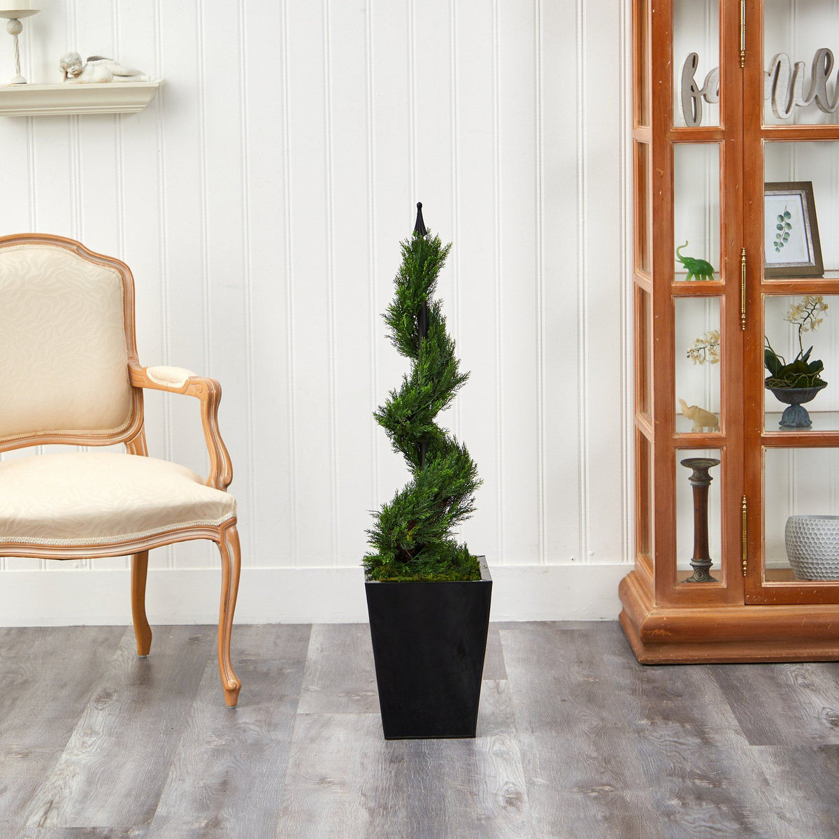 44” Cypress Spiral Topiary Artificial Tree in Black Metal Planter, photo 3 of 4