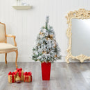 44” Flocked Oregon Pine Artificial Christmas Tree with 50 Clear Lights and 113 Bendable Branches in Red Tower Planter
