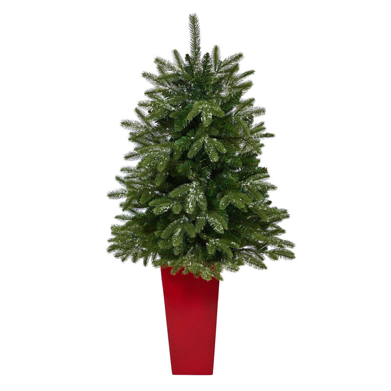 44” Snowed Grand Teton Fir Artificial Christmas Tree with 50 Clear Lights and 111 Bendable Branches in Red Planter