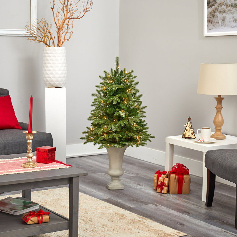 44” Snowed Grand Teton Fir Artificial Christmas Tree with 50 Clear Lights and 111 Bendable Branches in Sand Colored Urn