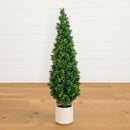 44" UV Resistant Artificial Boxwood Topiary Cone Tree in Decorative White Planter (Indoor/Outdoor)