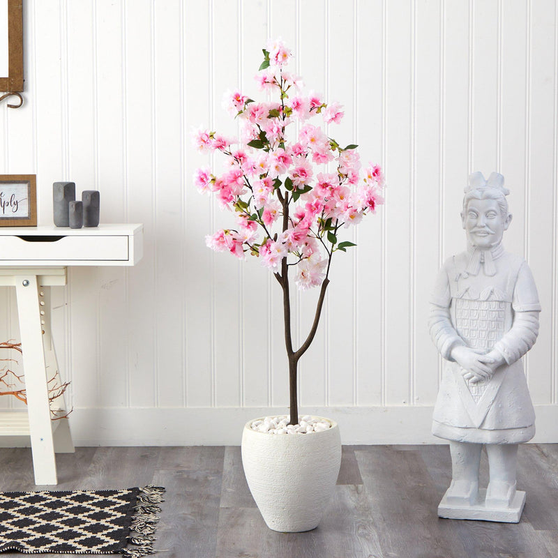 4.5’ Cherry Blossom Artificial Tree in White Planter, photo 3 of 4
