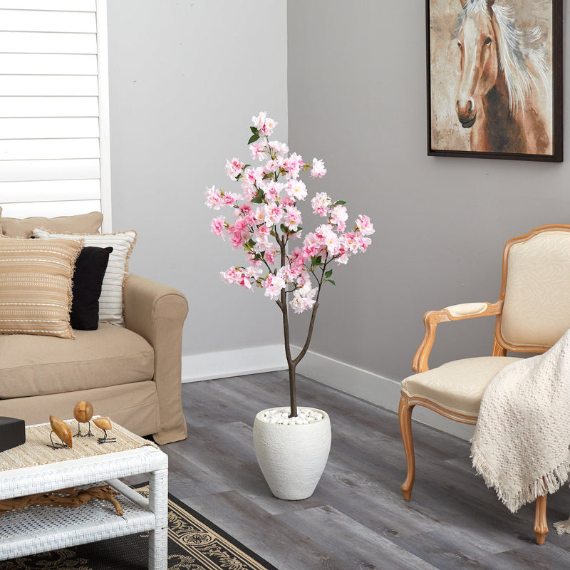 4.5’ Cherry Blossom Artificial Tree in White Planter, photo 4 of 4