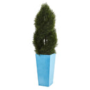 4.5’ Double Pond Cypress Spiral Artificial Tree in Turquoise Planter (Indoor/Outdoor) by Nearly Natural