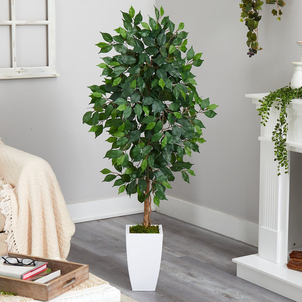 4.5’ Ficus Artificial Tree in White Metal Planter, photo 3 of 4