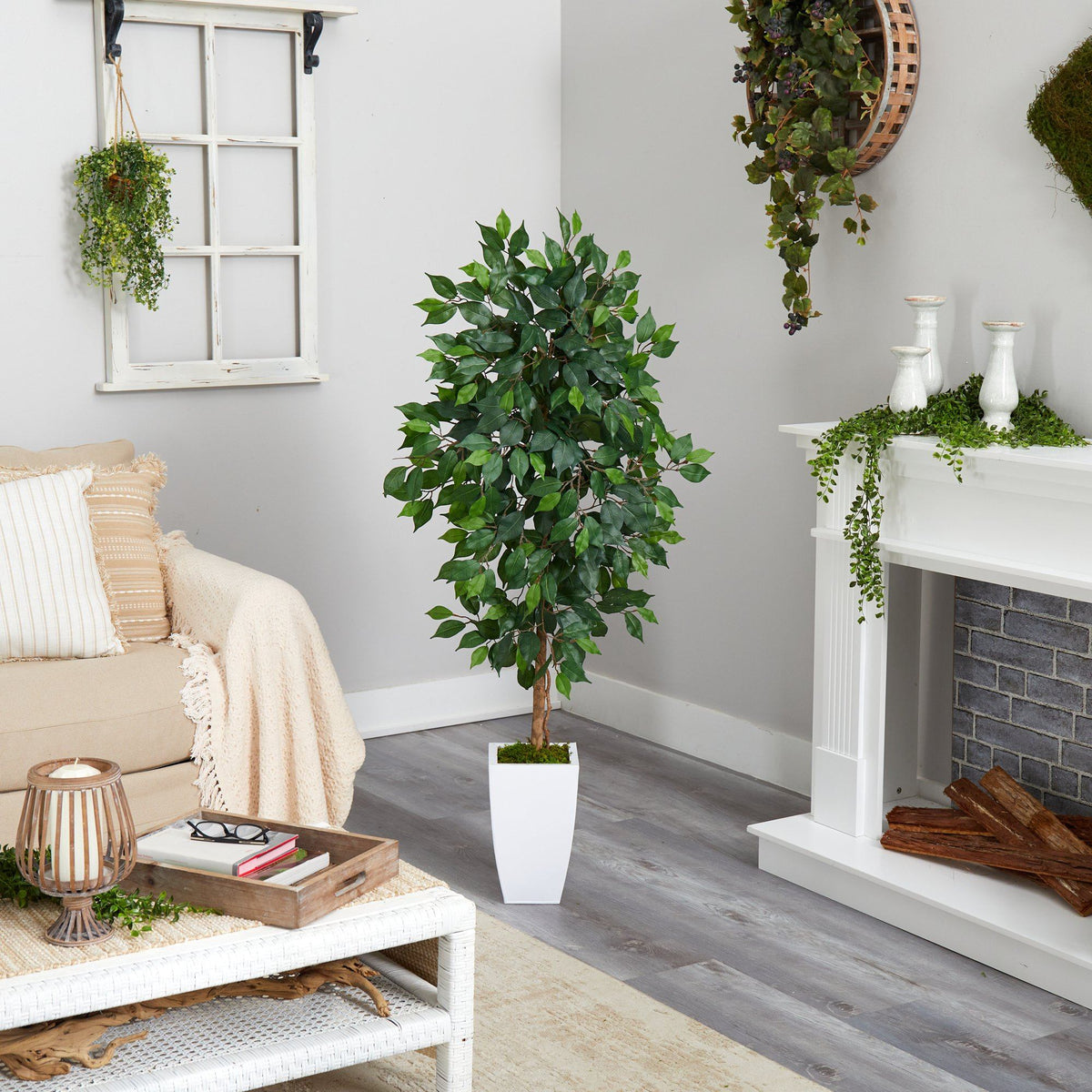 4.5’ Ficus Artificial Tree in White Metal Planter, photo 4 of 4