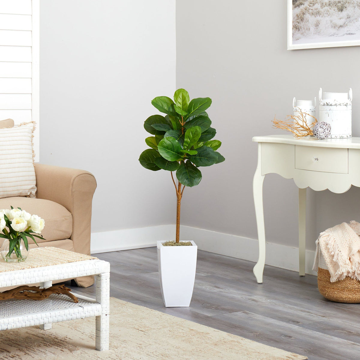 45” Fiddle Leaf Artificial Tree in White Metal Planter, photo 4 of 4