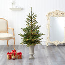 4.5’ Layered Washington Spruce Artificial Christmas Tree with 100 Clear LED Lights and 189 Bendable Branches in Sand Colored Urn