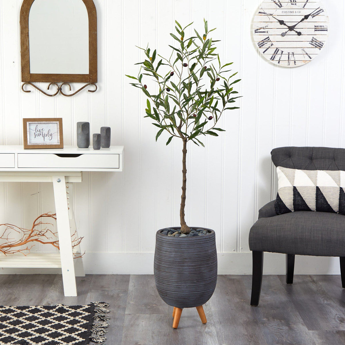 4.5’ Artificial Olive Tree in Gray Planter with Stand, photo 3 of 4