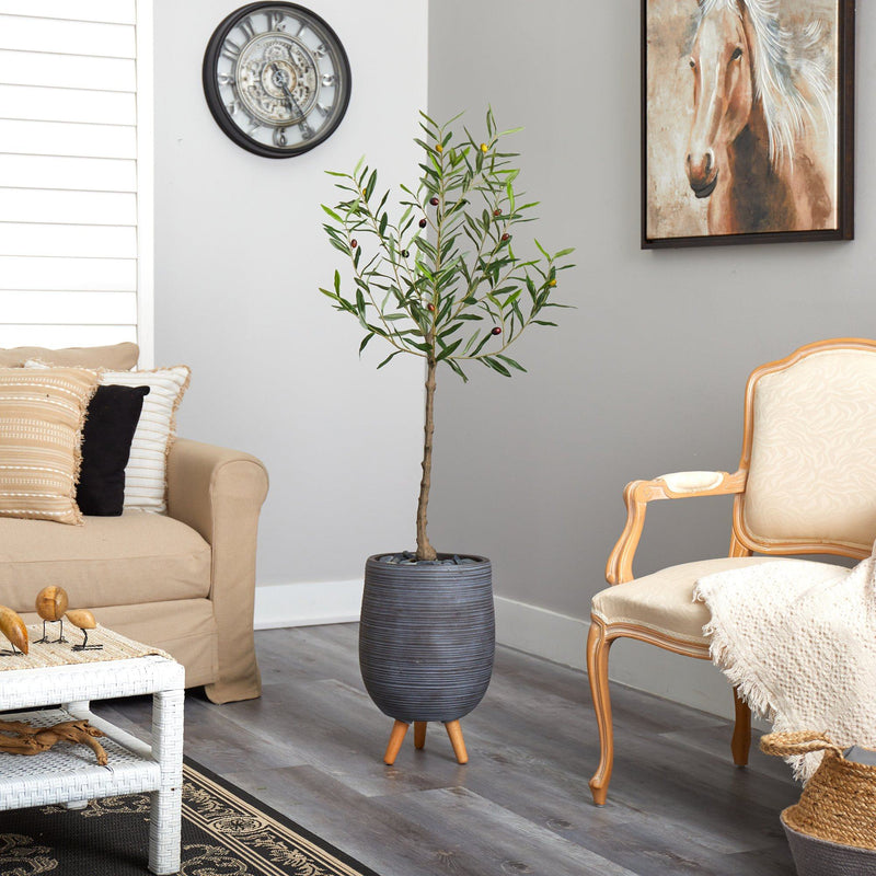 4.5’ Artificial Olive Tree in Gray Planter with Stand, photo 4 of 4