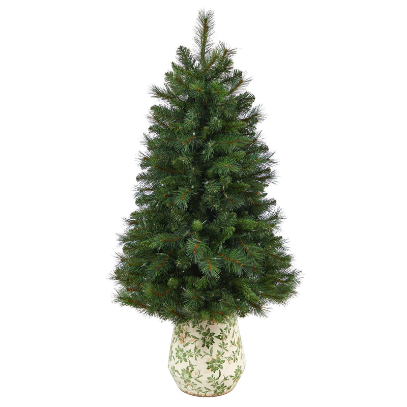 4.5’ West Virginia Mountain Pine Artificial Christmas Tree with 100 Clear Lights and 322 Bendable Branches in Floral Print Planter