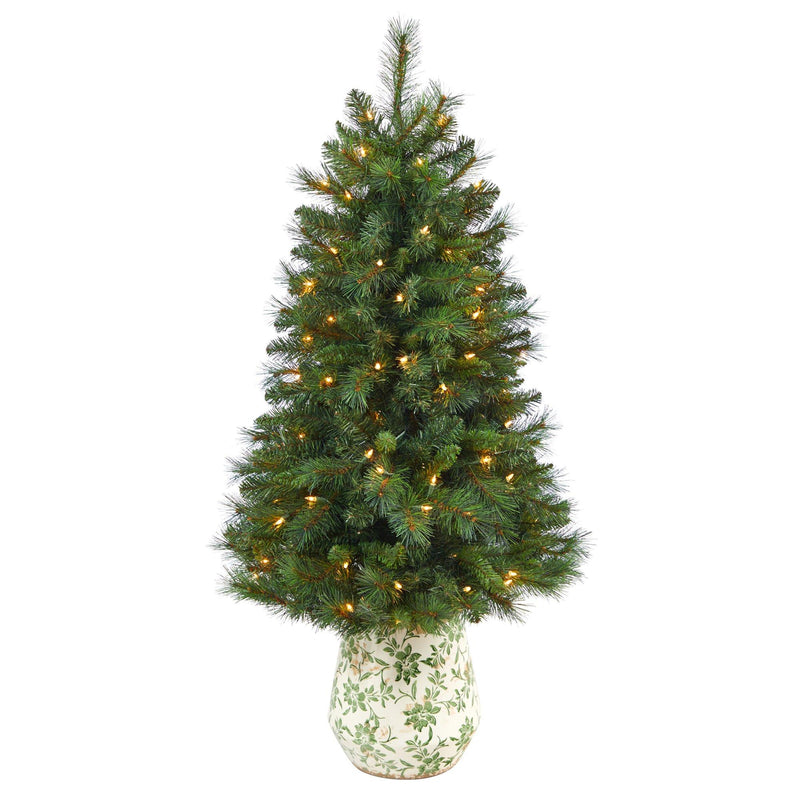 4.5’ West Virginia Mountain Pine Artificial Christmas Tree with 100 Clear Lights and 322 Bendable Branches in Floral Print Planter