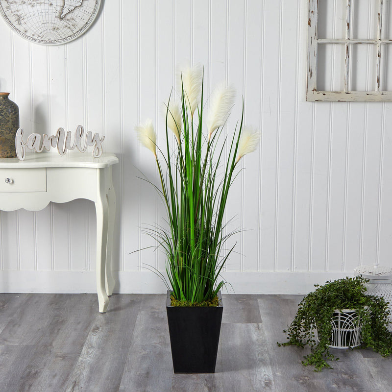 4.5’ Wheat Plum Grass Artificial Plant in Black Metal Planter