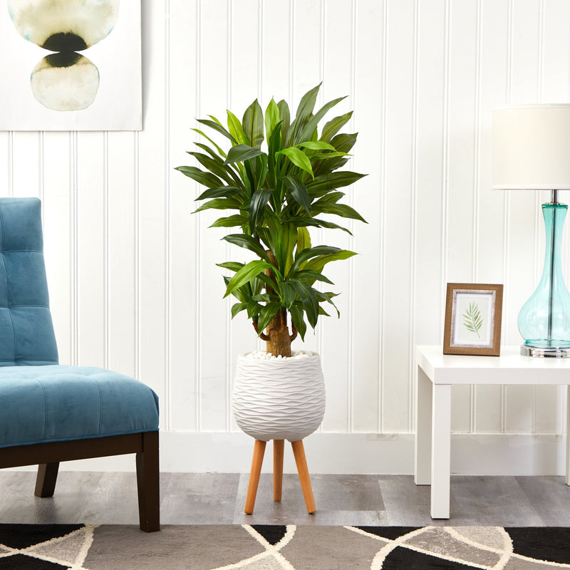 46” Corn Stalk Dracaena Artificial Plant in White Planter with Stand (Real Touch)