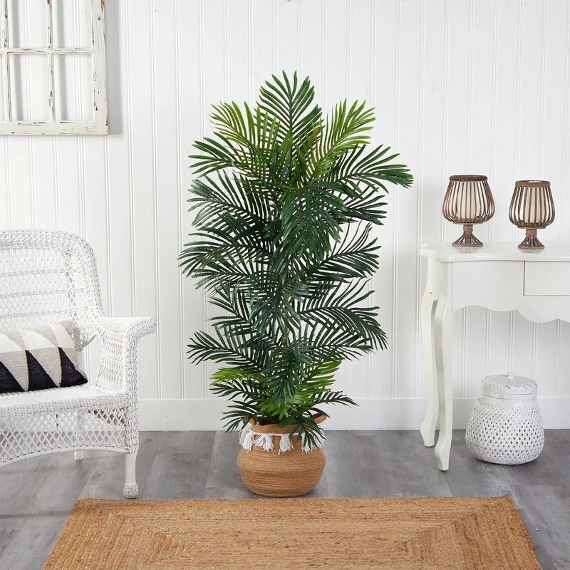 5’ Areca Palm Tree in Boho Chic Handmade Natural Cotton Woven Planter with Tassels UV Resistant, photo 3 of 4