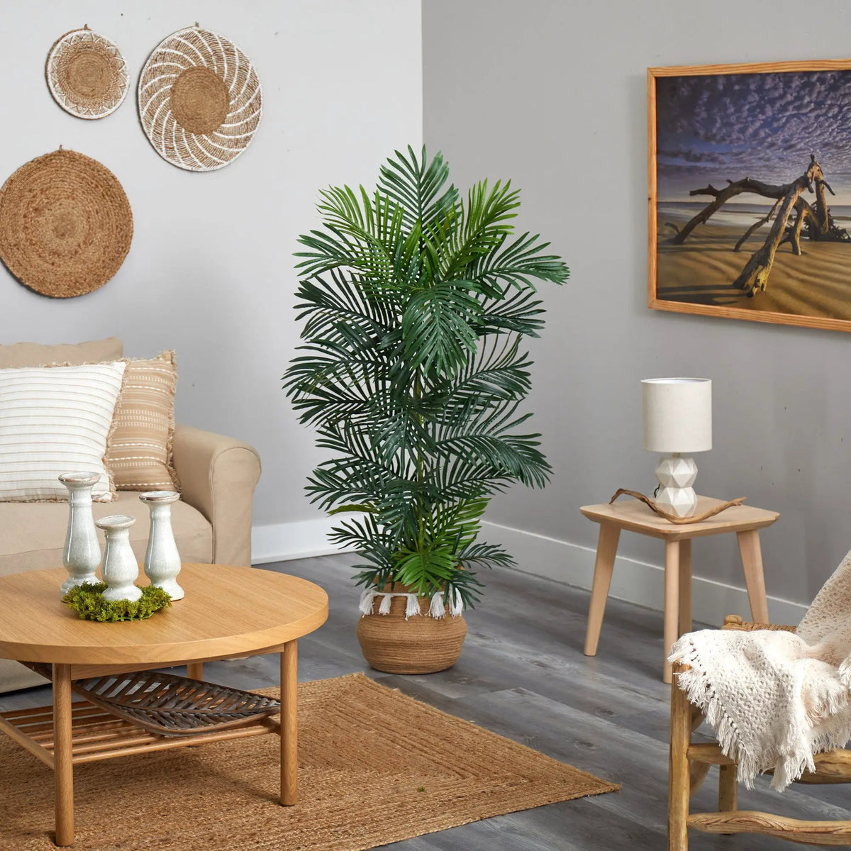 5’ Areca Palm Tree in Boho Chic Handmade Natural Cotton Woven Planter with Tassels UV Resistant, photo 4 of 4