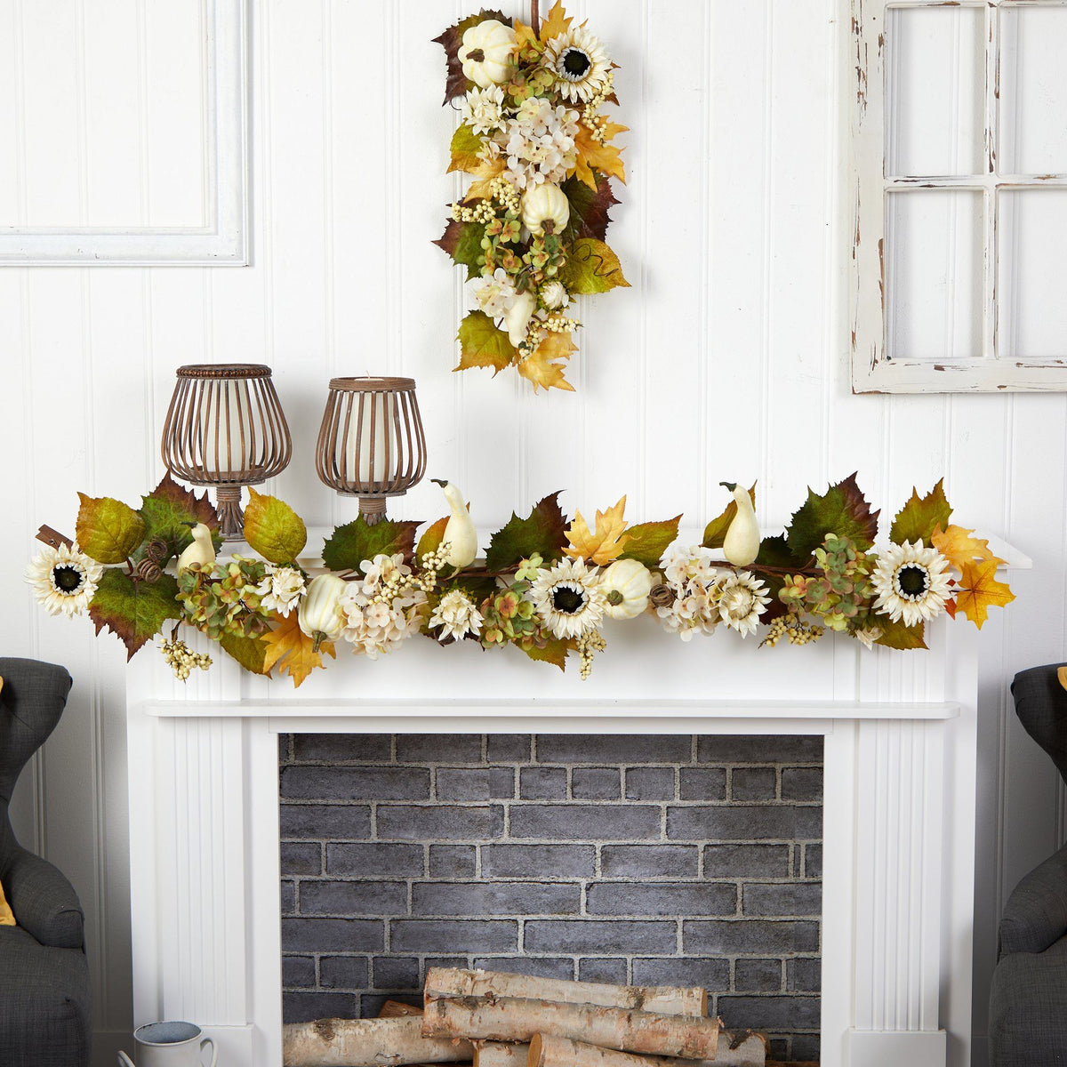 5’ Fall Sunflower, Hydrangea and White Pumpkin Artificial Autumn Garland, photo 3 of 4
