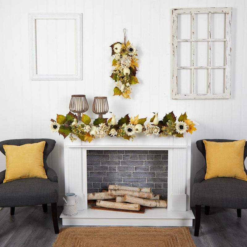 5’ Fall Sunflower, Hydrangea and White Pumpkin Artificial Autumn Garland, photo 4 of 4