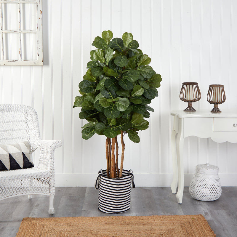 5’ Fiddle Leaf Fig Artificial Tree in Handmade Black and White Natural Jute and Cotton Planter, photo 3 of 4