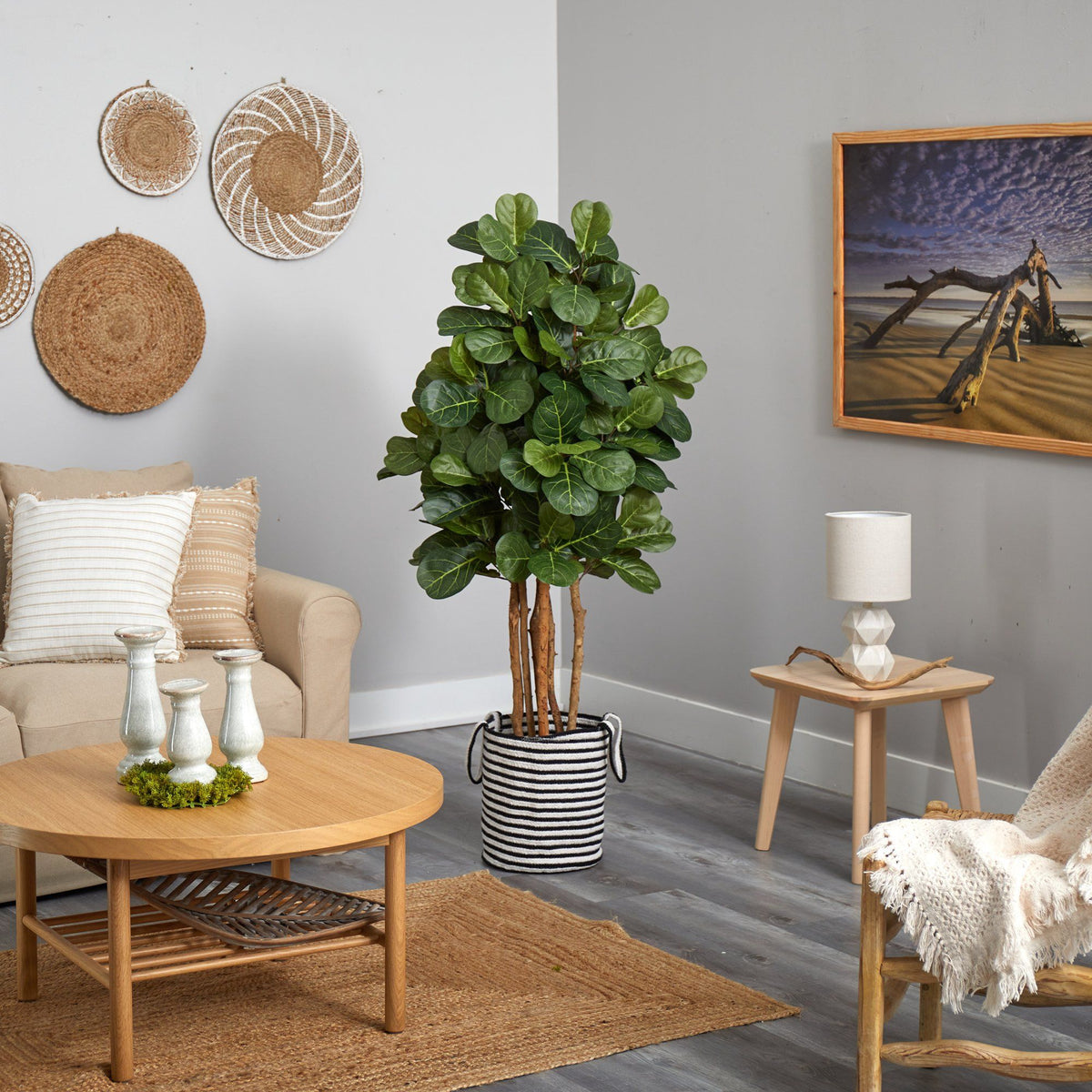 5’ Fiddle Leaf Fig Artificial Tree in Handmade Black and White Natural Jute and Cotton Planter, photo 4 of 4