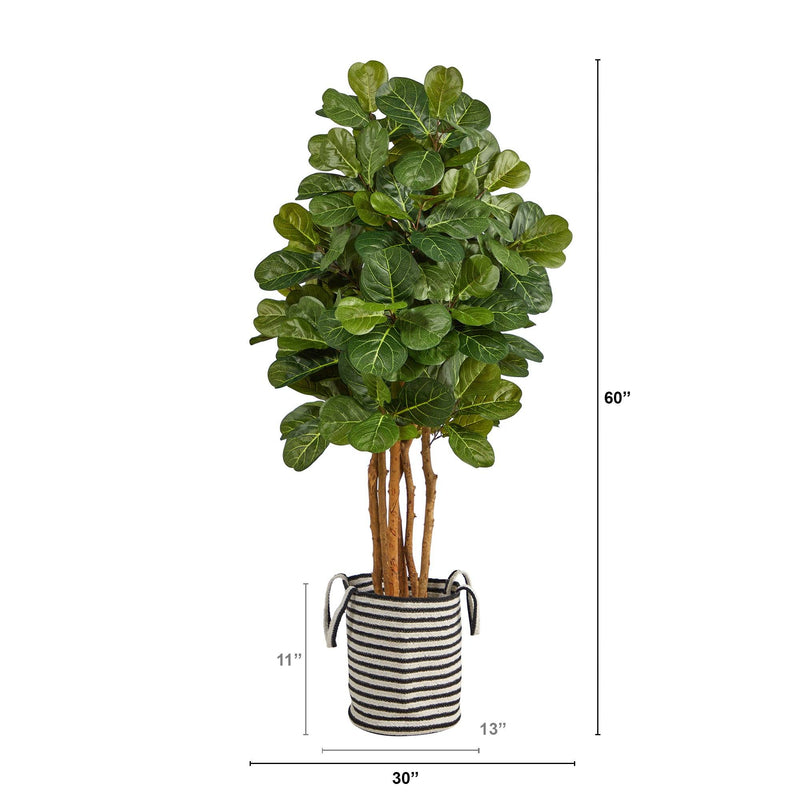 5’ Fiddle Leaf Fig Artificial Tree in Handmade Black and White Natural Jute and Cotton Planter, photo 2 of 4