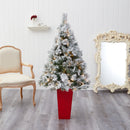 5’ Flocked Oregon Pine Artificial Christmas Tree with 100 Clear Lights and 215 Bendable Branches in Red Tower Planter