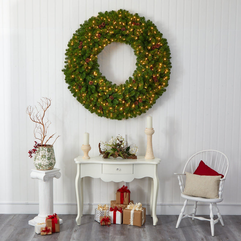 5’ Giant Artificial Christmas Wreath with 280 Warm White Lights and Pine Cones