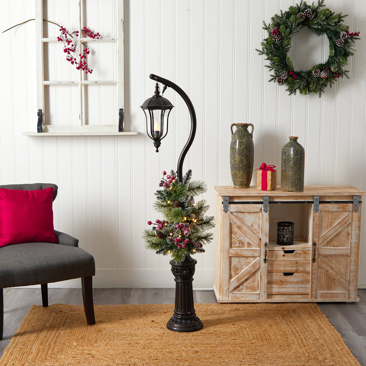 5' Holiday Decorated Lamp Post with Greenery, Berries and 30 LED Lights, photo 7 of 7
