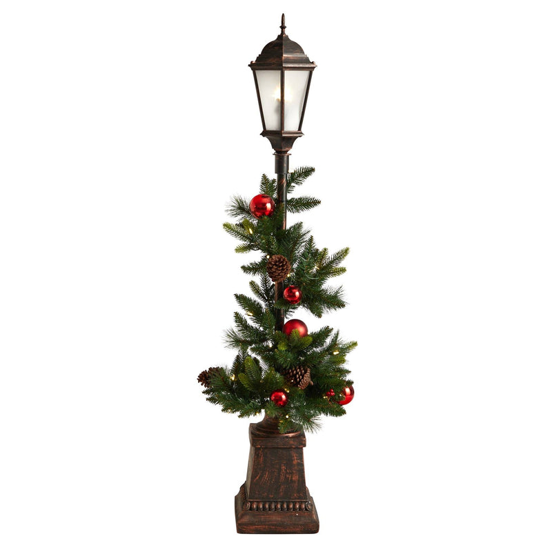 5' Holiday Decorated Lamp Post with Greenery, Ornaments and 50 LED Lights
