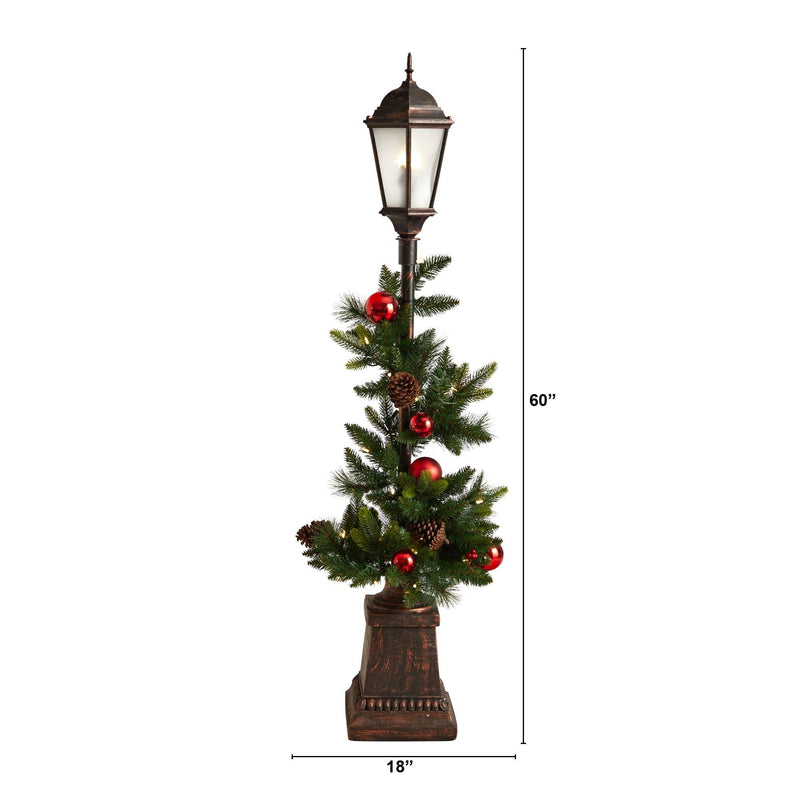 5' Holiday Decorated Lamp Post with Greenery, Ornaments and 50 LED Lights