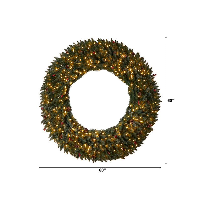 5’ Large Flocked Wreath with Pinecones, Berries, 400 Clear LED Lights and 820 Bendable Branches