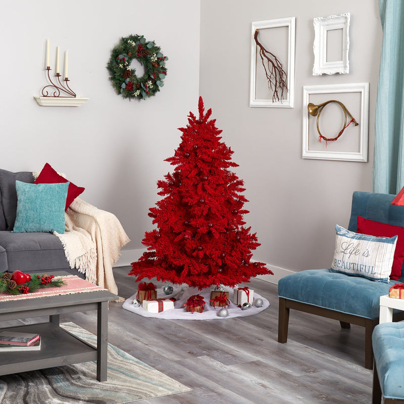 5' Red Flocked Fraser Fir Artificial Christmas Tree, photo 6 of 7