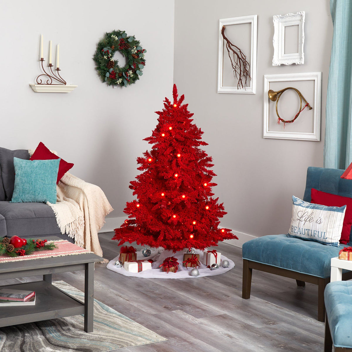 5' Red Flocked Fraser Fir Artificial Christmas Tree, photo 5 of 7