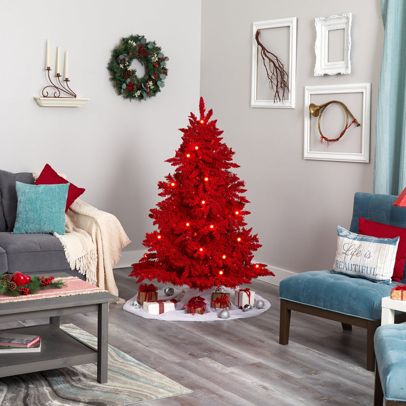 5' Red Flocked Fraser Fir Artificial Christmas Tree, photo 5 of 7