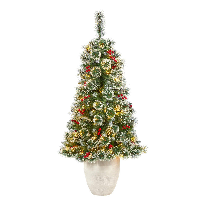 50” Frosted Swiss Pine Artificial Christmas Tree with 100 Clear LED Lights and Berries in White Planter