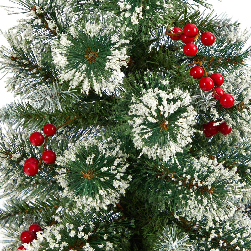 50” Frosted Swiss Pine Artificial Christmas Tree with 100 Clear LED Lights and Berries in White Planter