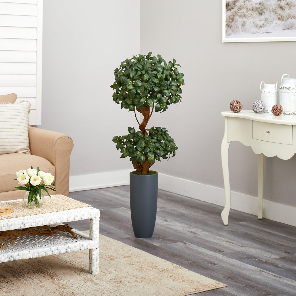 51” Sweet Bay Double Ball Topiary Artificial Tree in Gray Planter, photo 4 of 4
